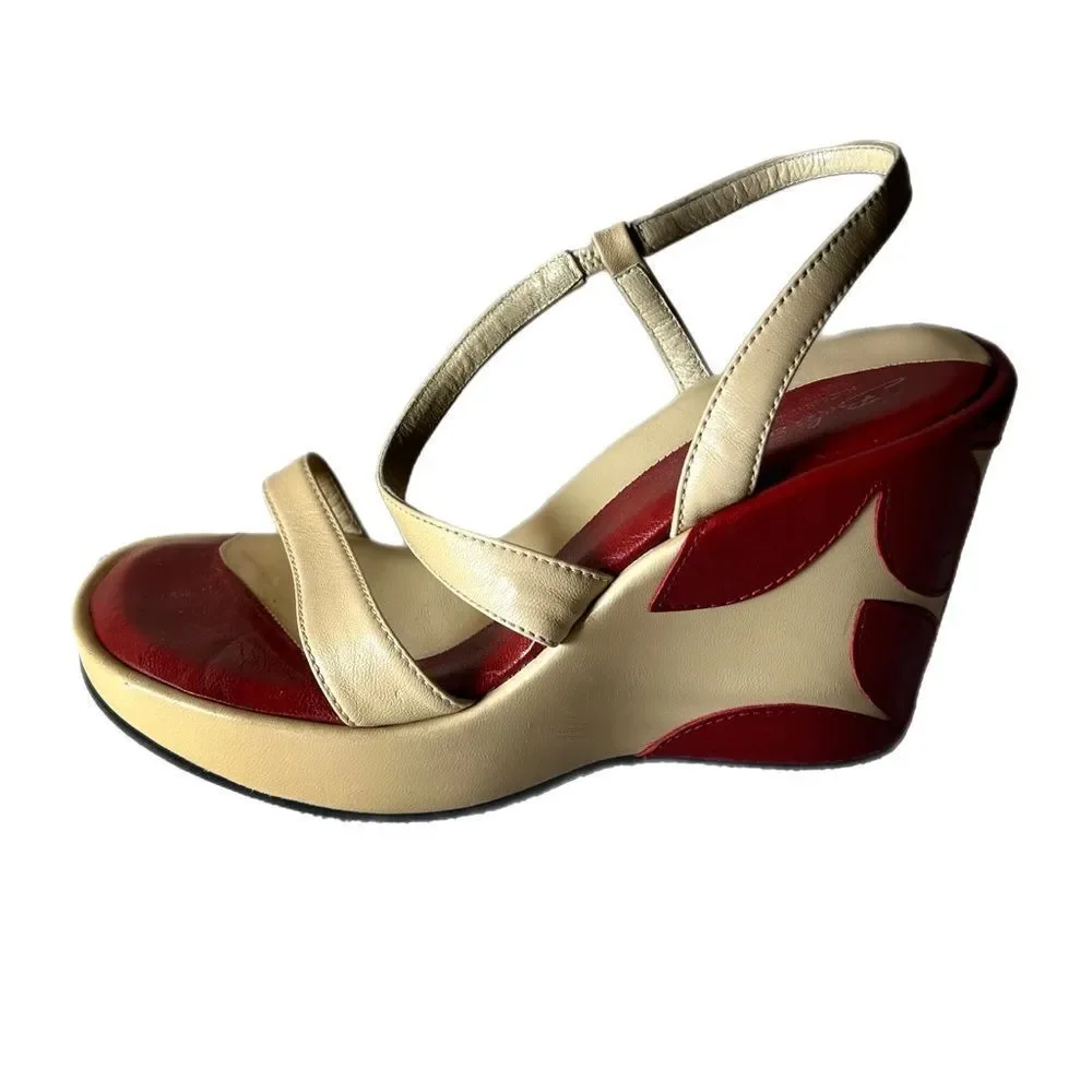 Bolero Italian Leather Tan Red Flower Wedge Heels Women’s size 36